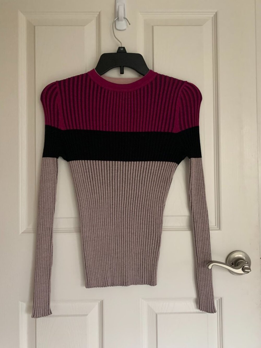 Venus Women's Striped Ribbed Fitted Sweater, Pink Black, size XS NWOT